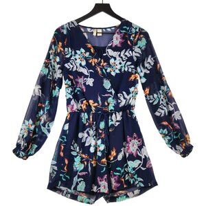 Japna Women's Romper Sz Small Navy Floral Lined Sheer Sleeves Faux Wrap Cottage